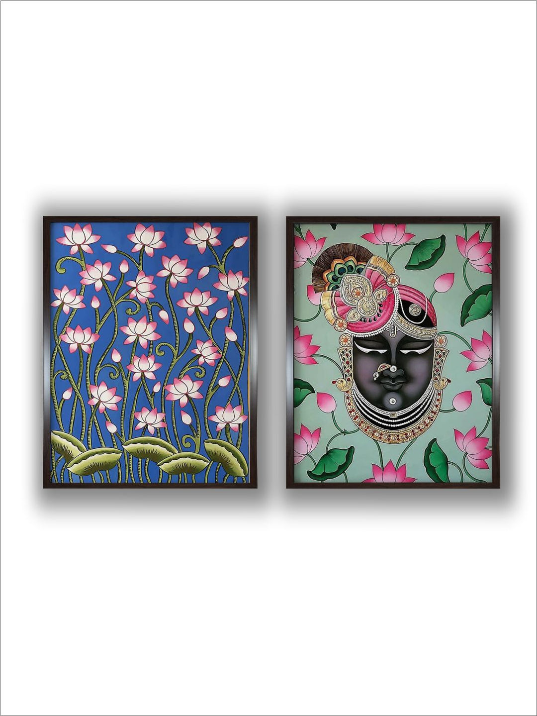 "Set Of 2 Floral & Shreenathji Printed Painting Wall Art''