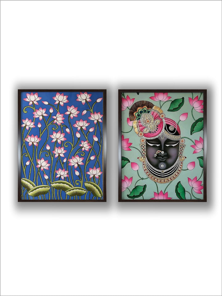 "Set Of 2 Floral & Shreenathji Printed Painting Wall Art''