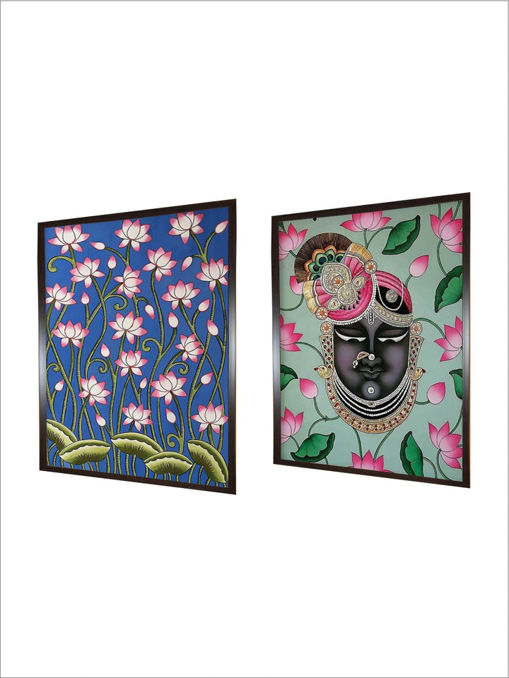 "Set Of 2 Floral & Shreenathji Printed Painting Wall Art''