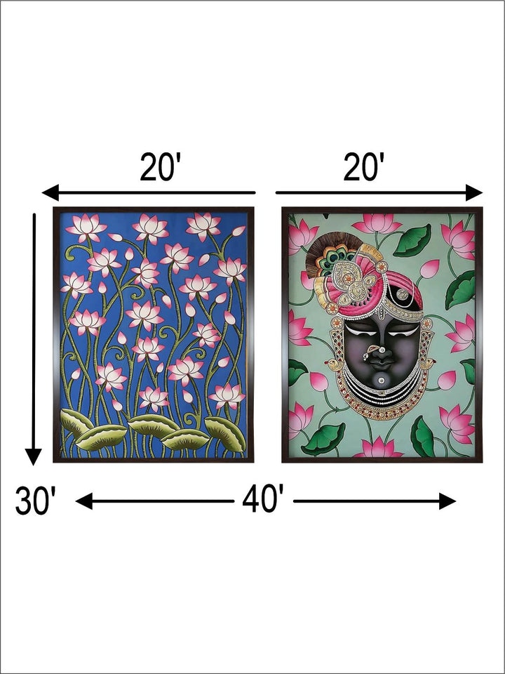 "Set Of 2 Floral & Shreenathji Printed Painting Wall Art''