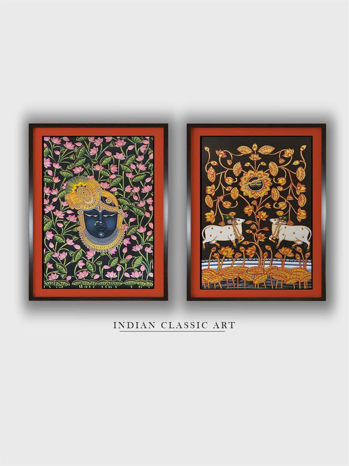 "2 Pieces Shreenathji & Cow Painted Framed Wall Art''