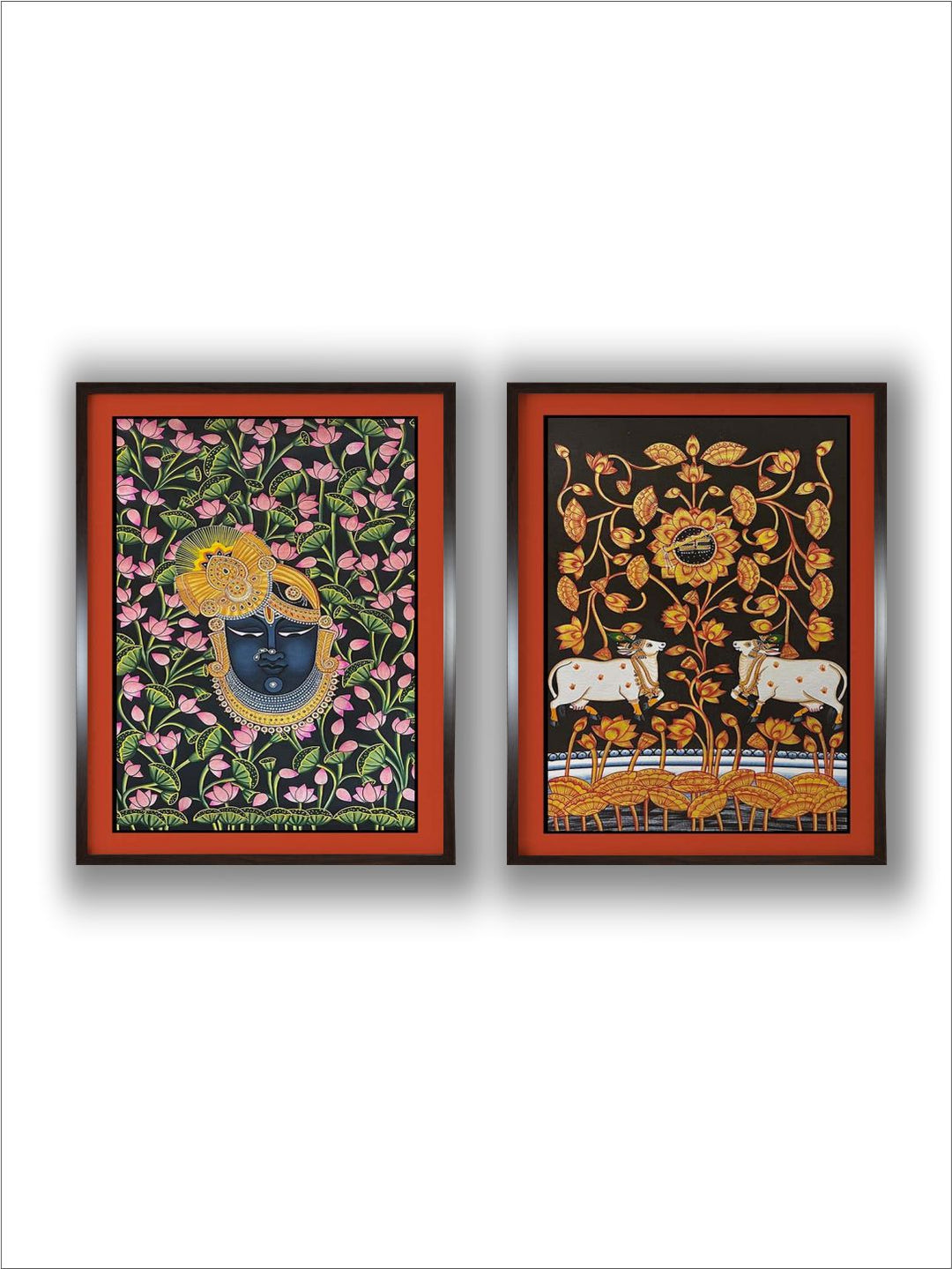 "2 Pieces Shreenathji & Cow Painted Framed Wall Art''