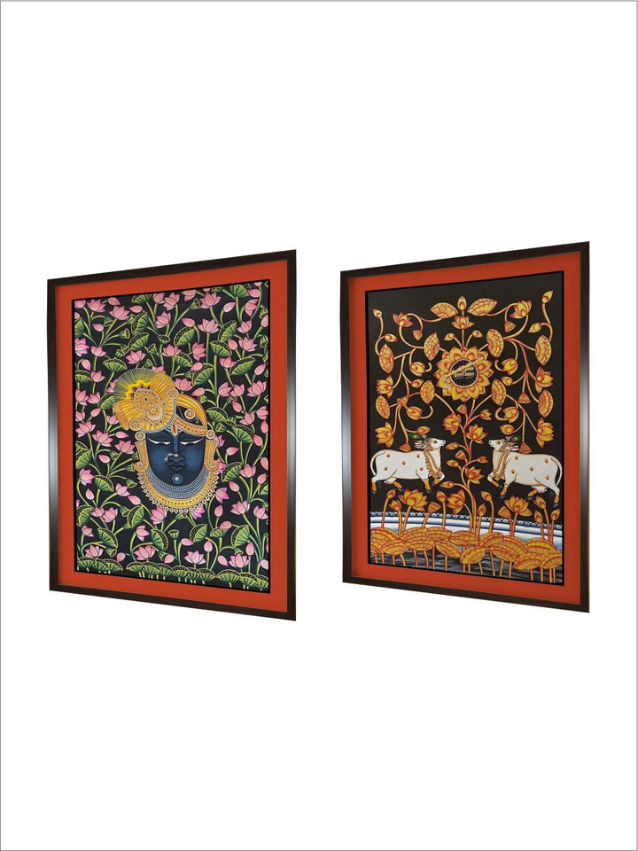 "2 Pieces Shreenathji & Cow Painted Framed Wall Art''
