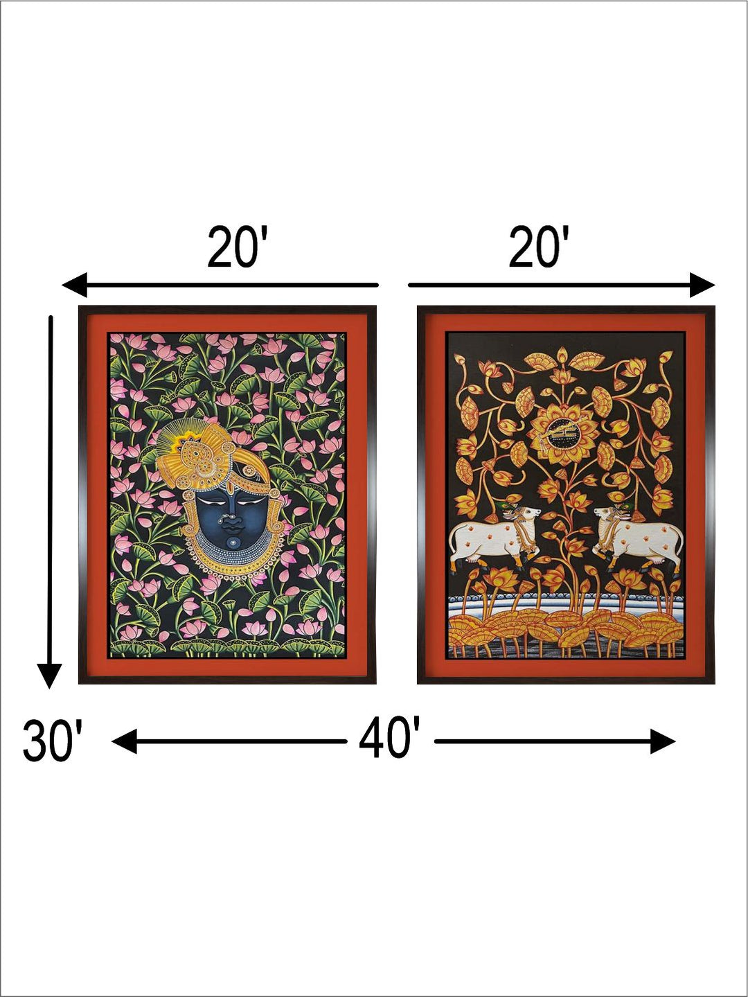 "2 Pieces Shreenathji & Cow Painted Framed Wall Art''