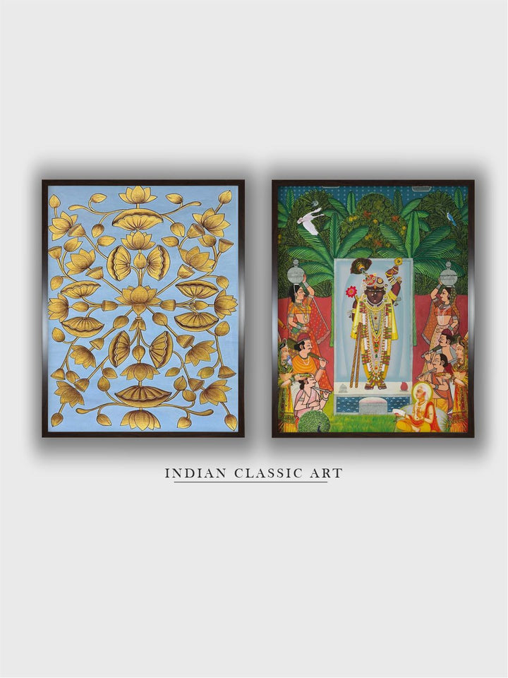 "2 Pieces Floral & Shreenathji Painted Framed Wall Art''