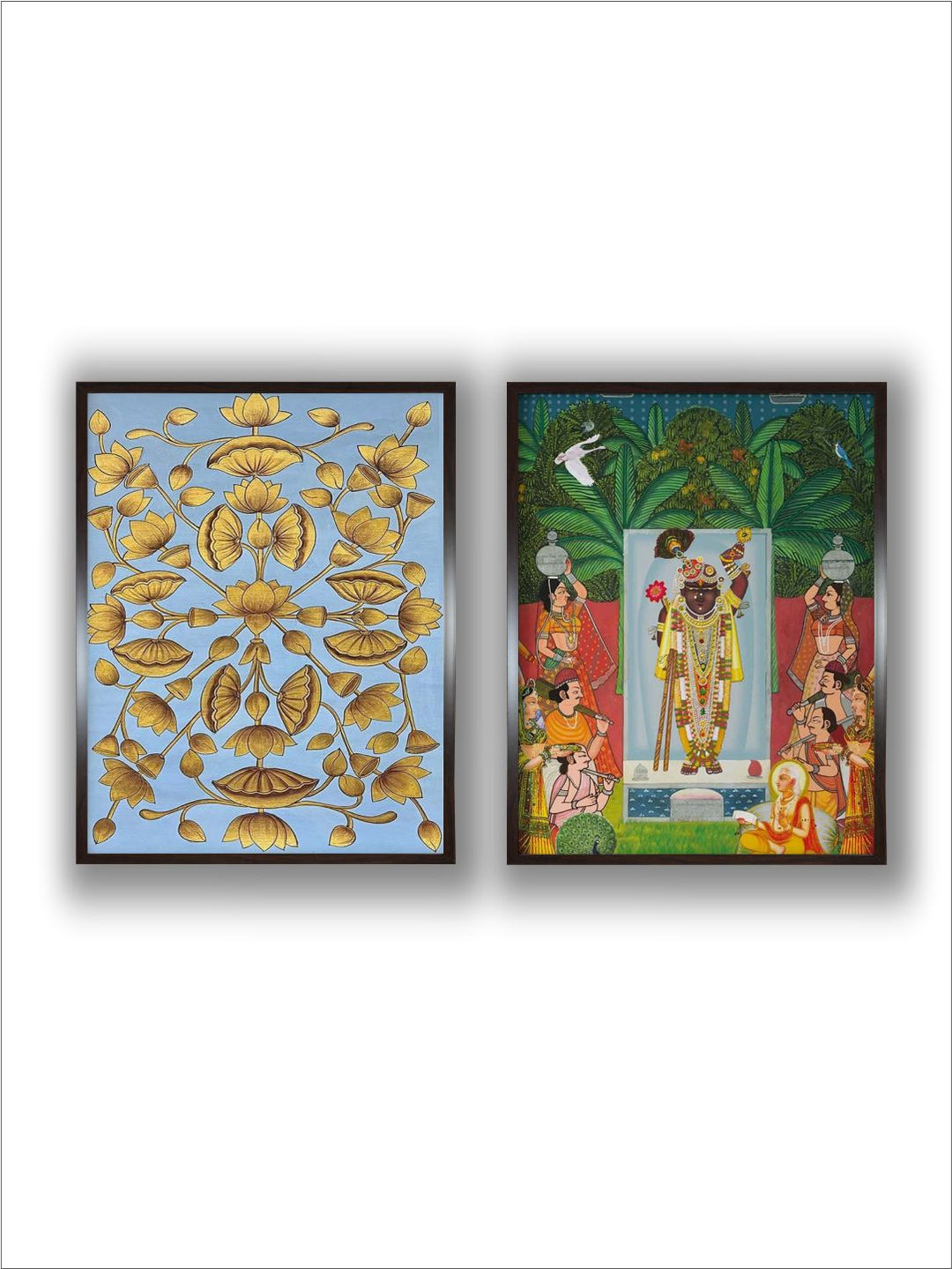 "2 Pieces Floral & Shreenathji Painted Framed Wall Art''