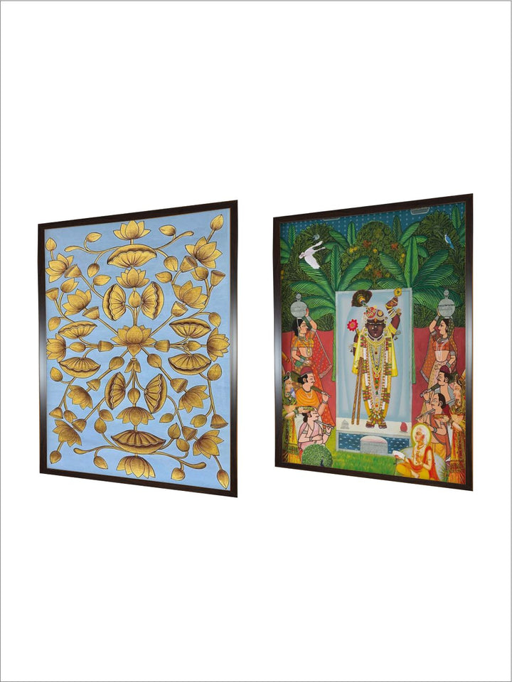 "2 Pieces Floral & Shreenathji Painted Framed Wall Art''