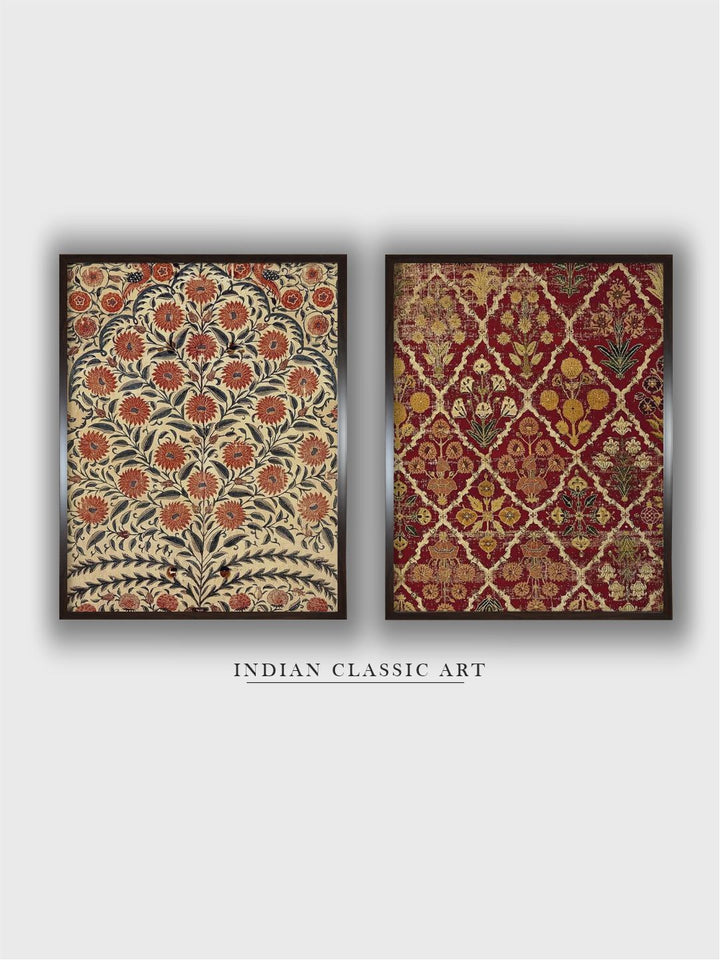 "2 Pcs Brown & Beige Indian Floral Wall Art''