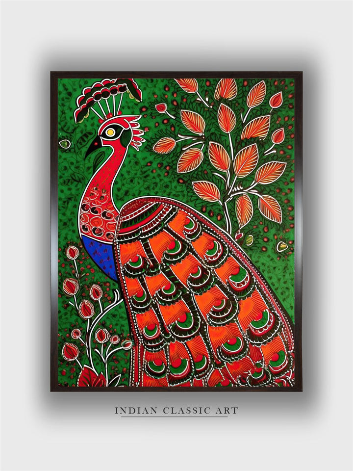 "Indian Peacock Printed Framed Wall Art''