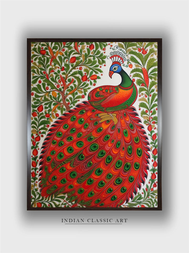 "Indian Peacock Printed Framed Wall Art''