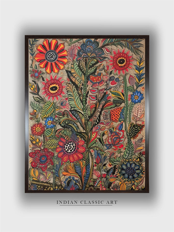 "Madhubani Floral Printed Framed Wall Art''
