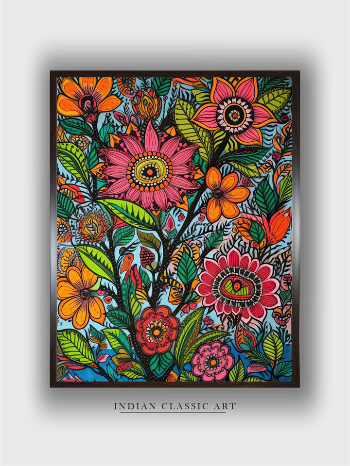 "Madhubani Floral Printed Framed Wall Art''