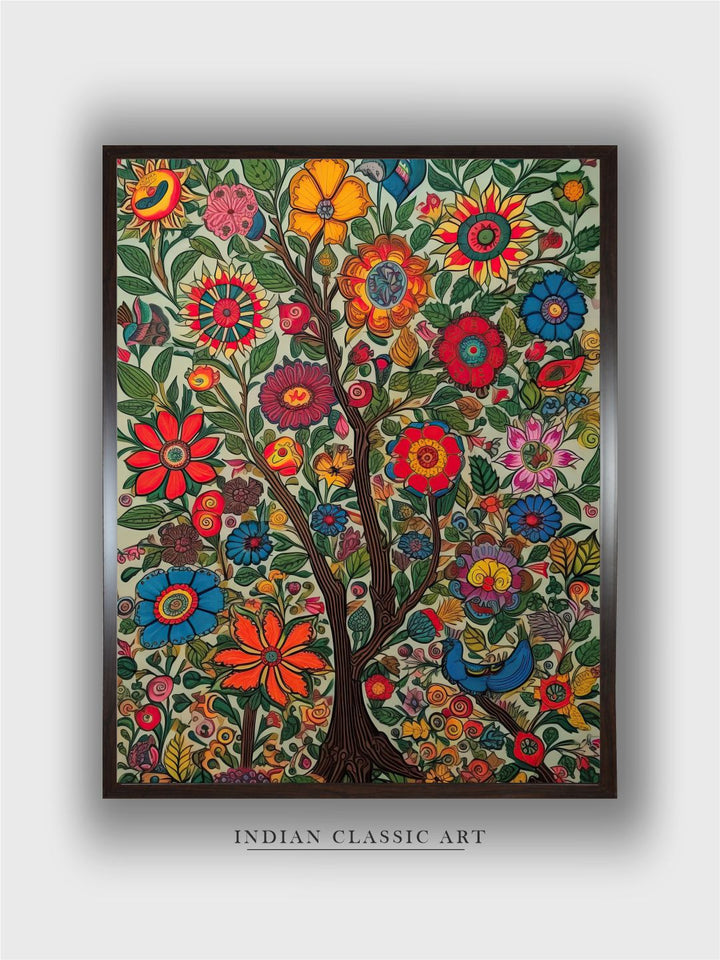 "Madhubani Floral Printed Framed Wall Art''