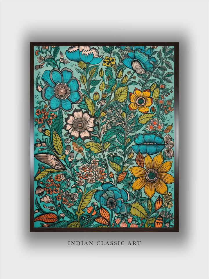 "Madhubani Floral Printed Framed Wall Art''