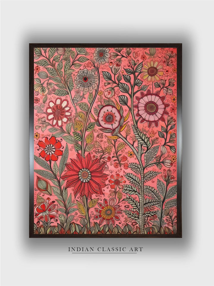 "Madhubani Floral Printed Framed Wall Art''