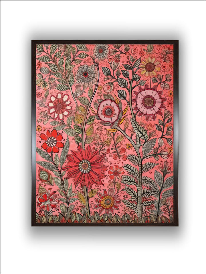 "Madhubani Floral Printed Framed Wall Art''