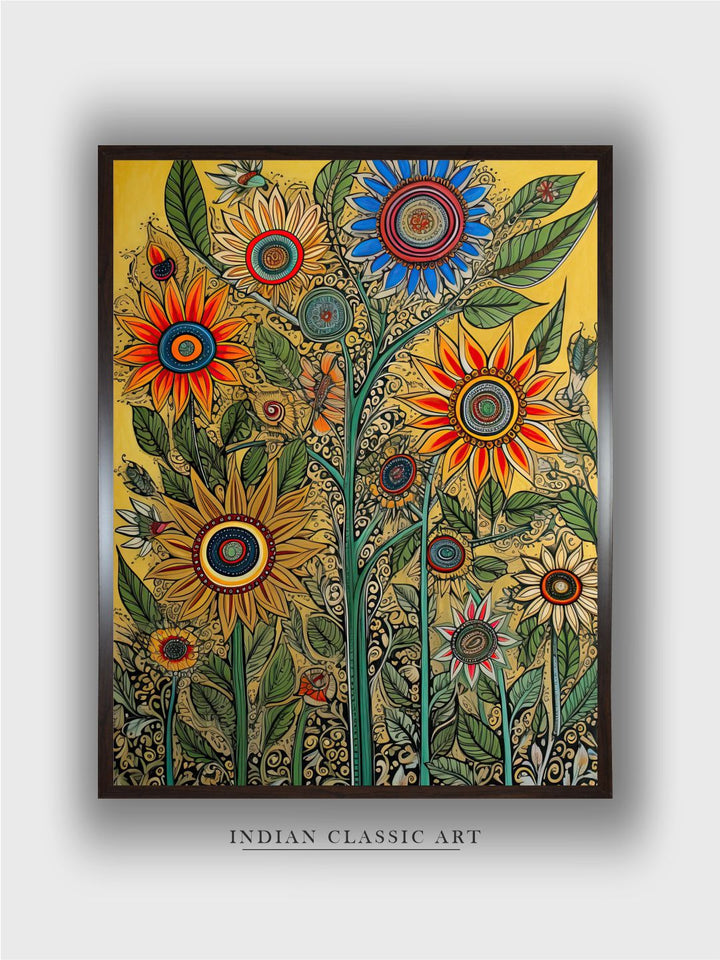 "Madhubani Floral Printed Framed Wall Art''