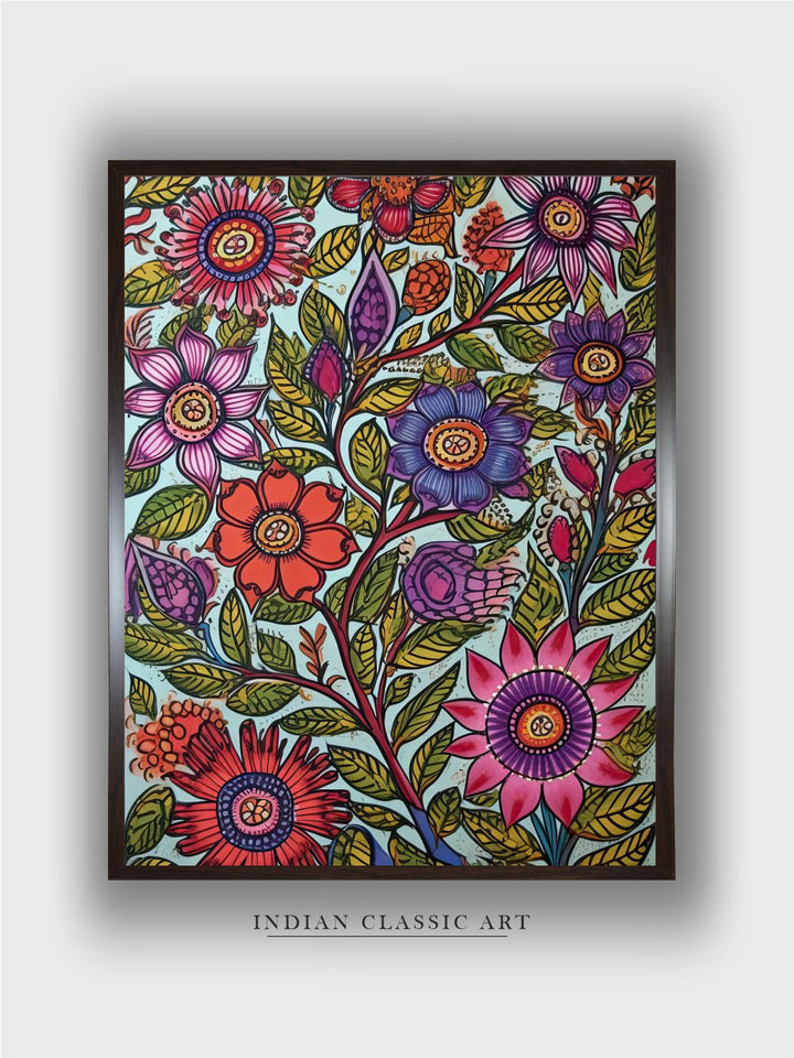 "Madhubani Floral Printed Framed Wall Art''