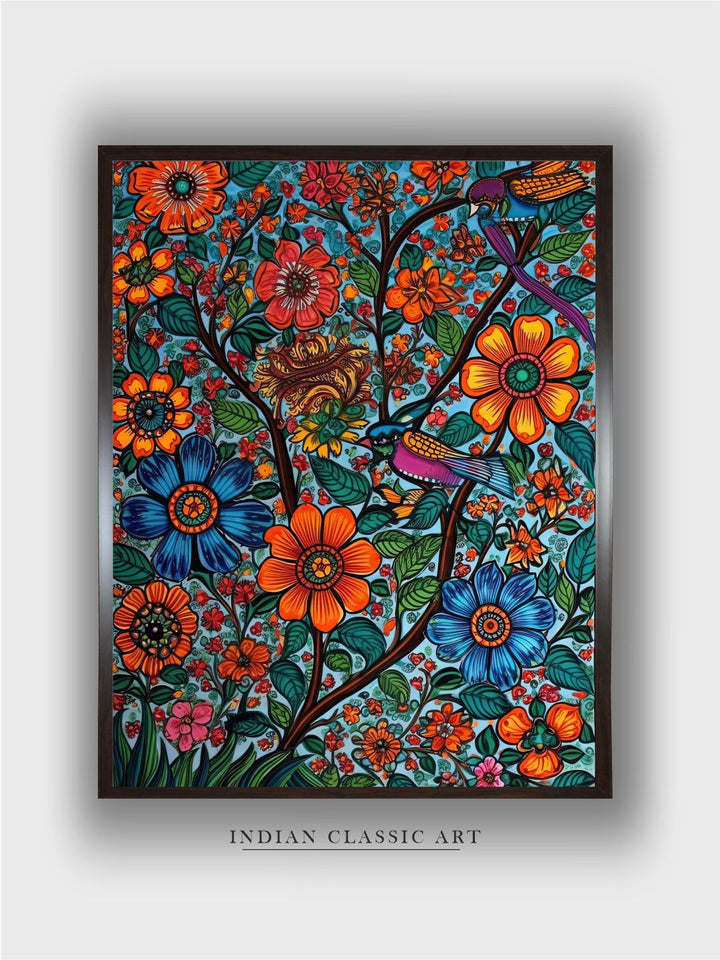 "Madhubani Floral Printed Framed Wall Art''