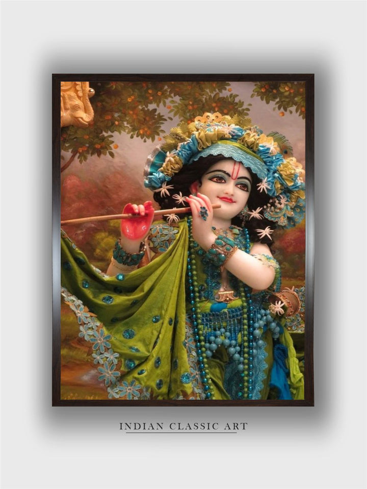 "Krishna With Flute Printed Framed Wall Art''