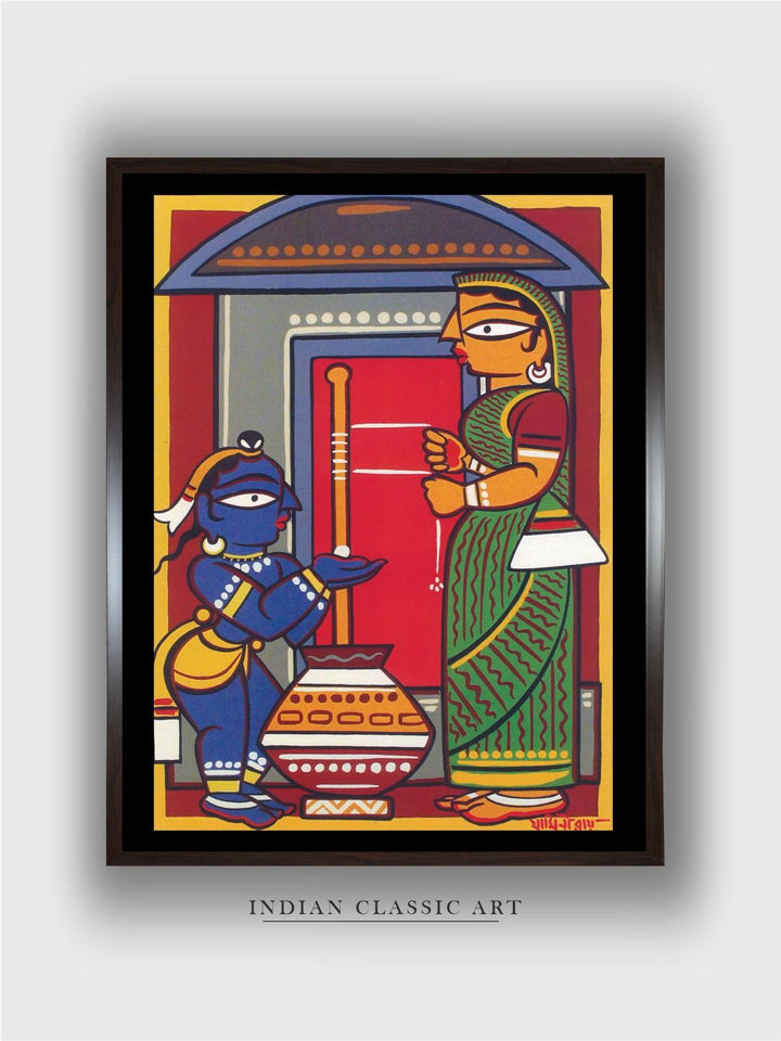 "Krishna & Yashoda Kalighat Painting Canvas Wall Art''
