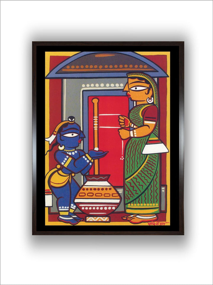 "Krishna & Yashoda Kalighat Painting Canvas Wall Art''