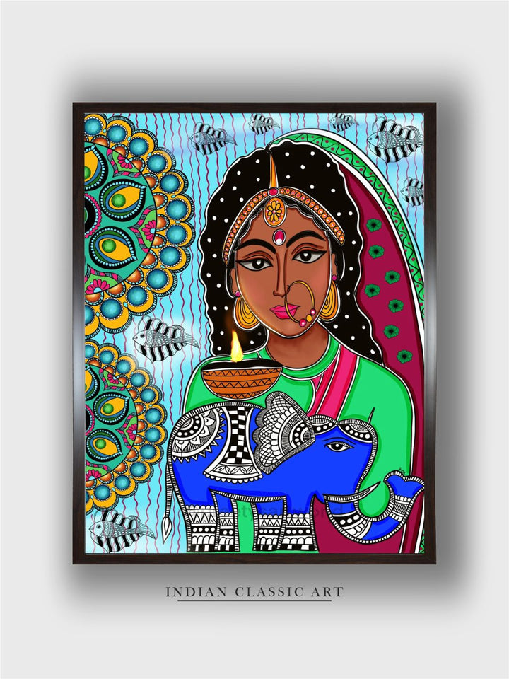 "Madhubani Inspired Framed Painting Wall Art''