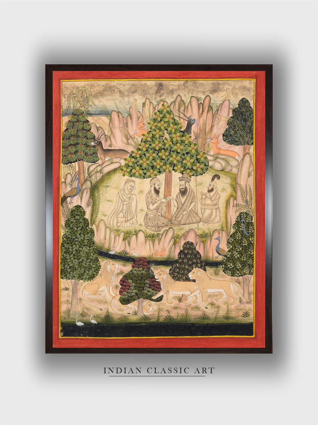 Holy men visiting Guru Nanak in a mountainous forest Mewar painting