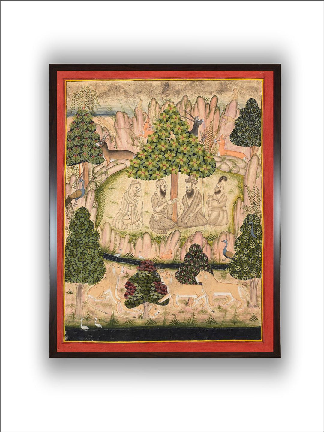 Holy men visiting Guru Nanak in a mountainous forest Mewar painting