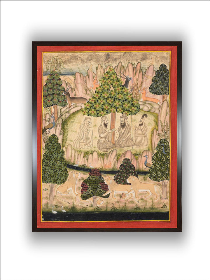 Holy men visiting Guru Nanak in a mountainous forest Mewar painting