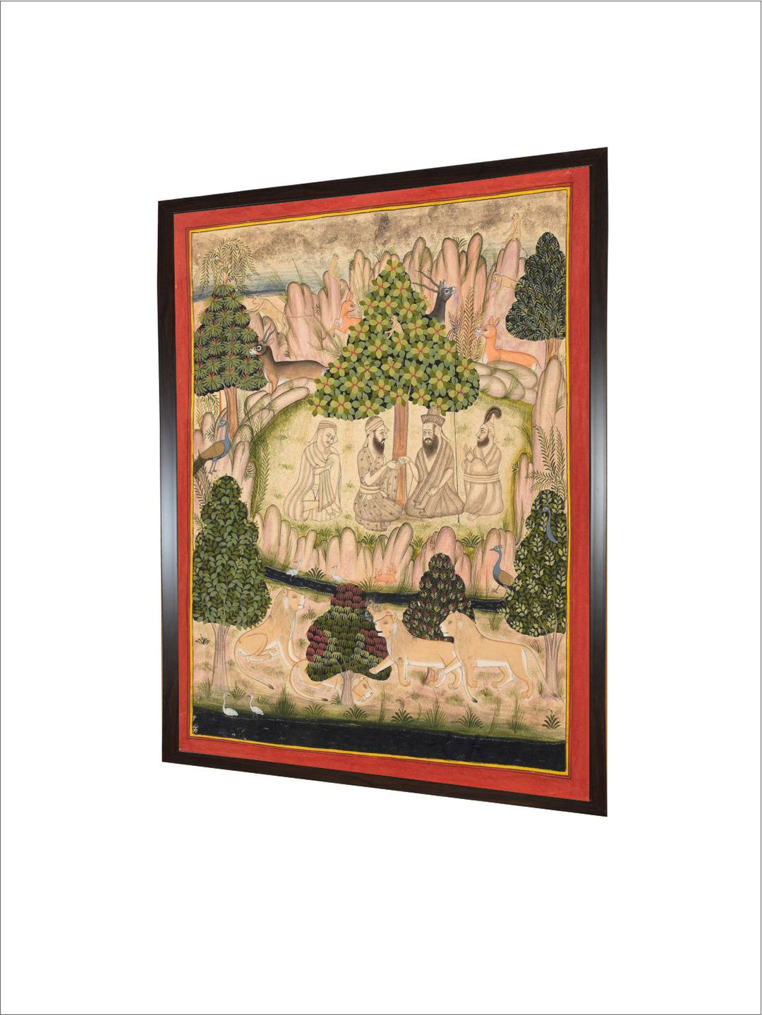Holy men visiting Guru Nanak in a mountainous forest Mewar painting