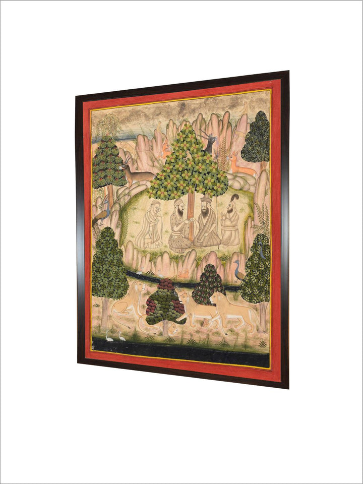 Holy men visiting Guru Nanak in a mountainous forest Mewar painting