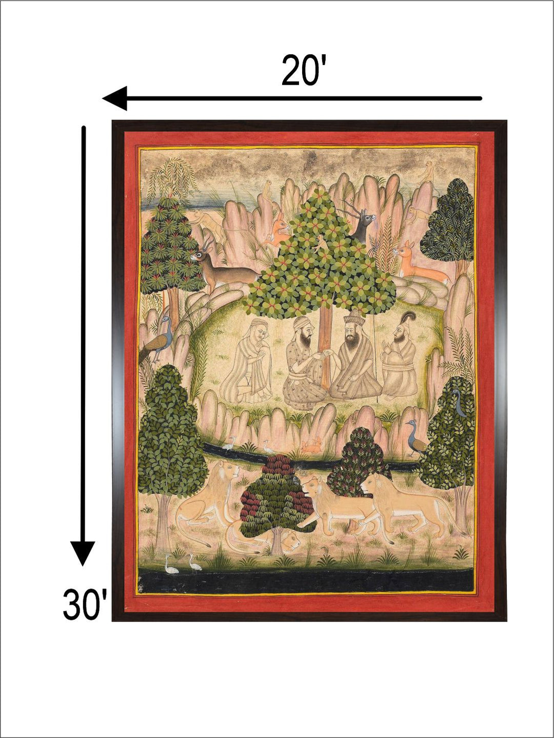 Holy men visiting Guru Nanak in a mountainous forest Mewar painting