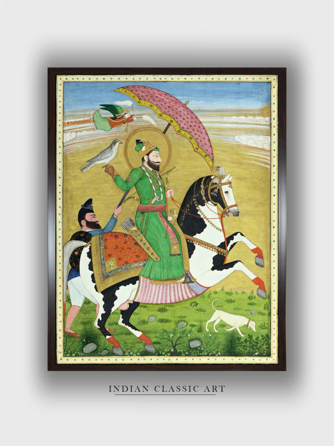 Equestrian portrait of Guru Gobind Singh attended upon by a Nihang