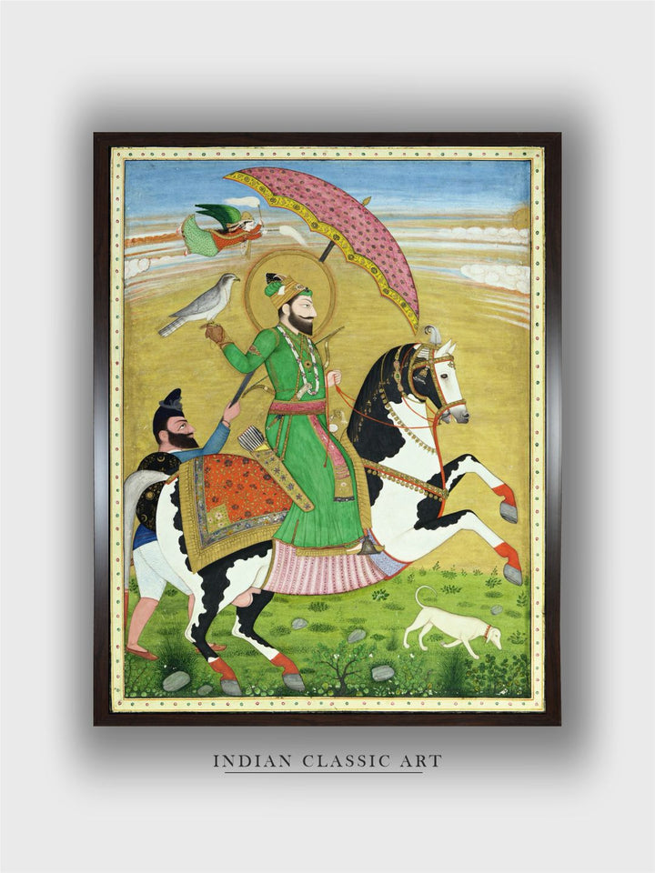 Equestrian portrait of Guru Gobind Singh attended upon by a Nihang