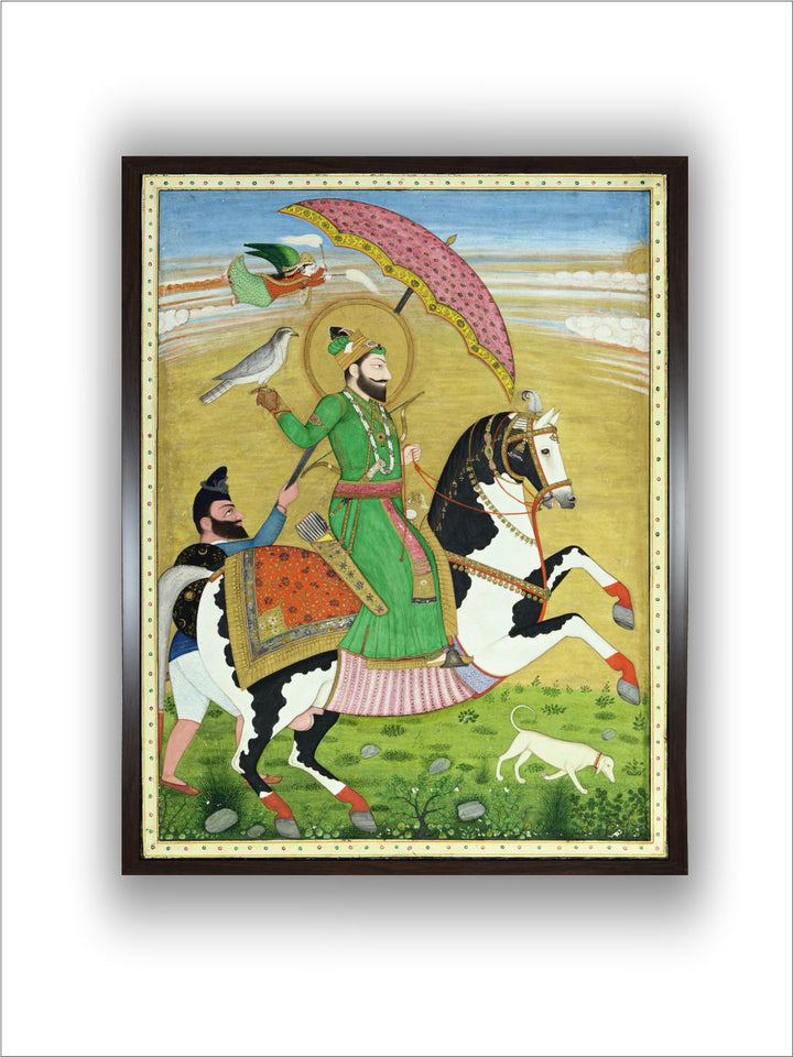 Equestrian portrait of Guru Gobind Singh attended upon by a Nihang