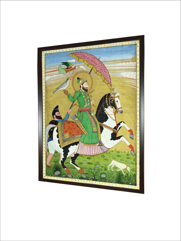 Equestrian portrait of Guru Gobind Singh attended upon by a Nihang