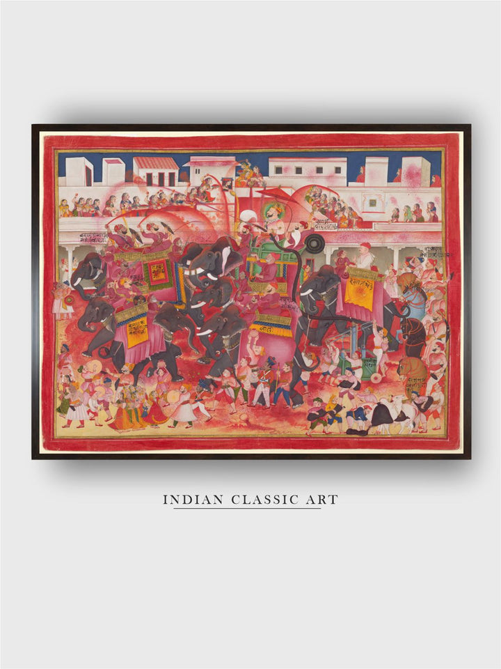 Maharao Ram Singh II of Kotah and companions playing Holi on elephants in a street