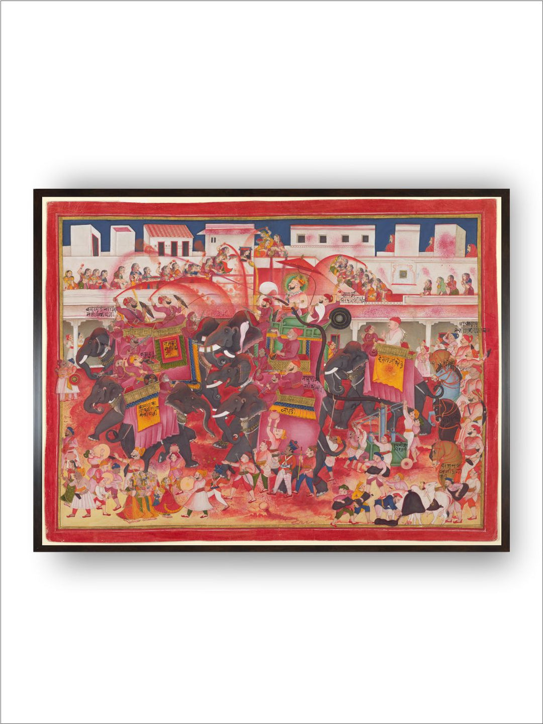 Maharao Ram Singh II of Kotah and companions playing Holi on elephants in a street