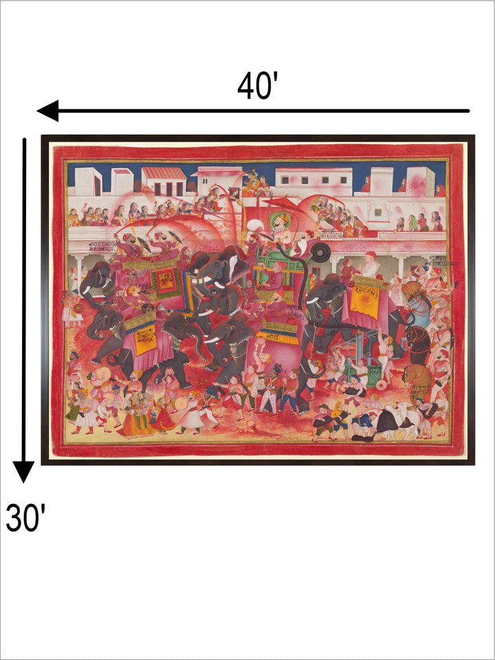 Maharao Ram Singh II of Kotah and companions playing Holi on elephants in a street
