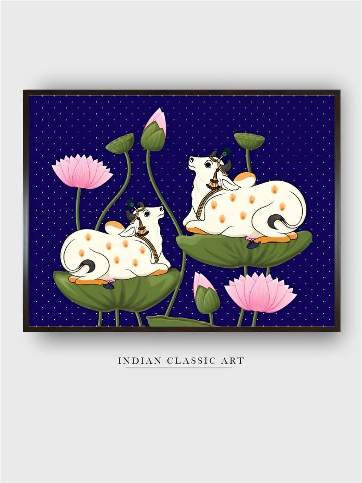 Pichhwai cow with lotus, Indian painting