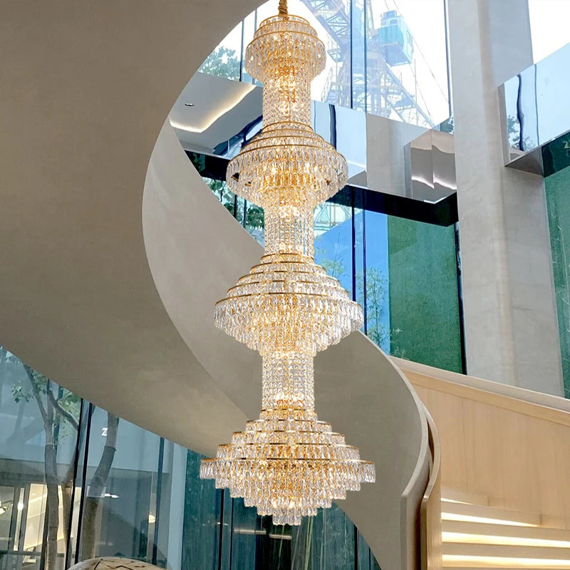 Gold Long Crystal Chandelier Modern Chandelier For High Ceilings Hotel Lobby Entrance Decor Lighting