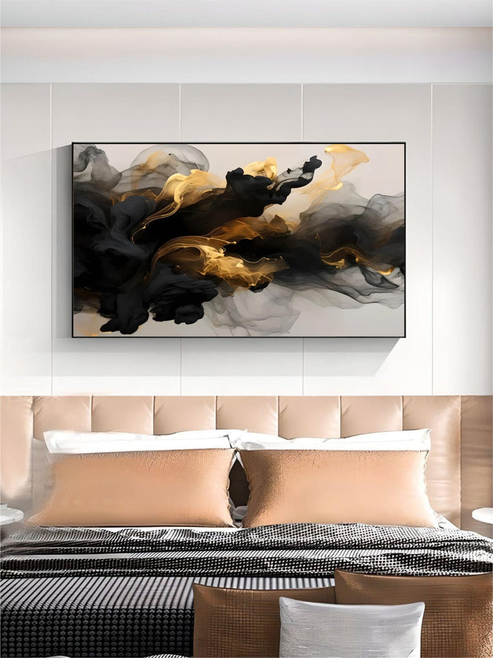 Modern Flowing Geometry Black Golden Abstract Wall Art Fine Art Canvas Prints Pictures For Living Room Dining Room Home Office Decor