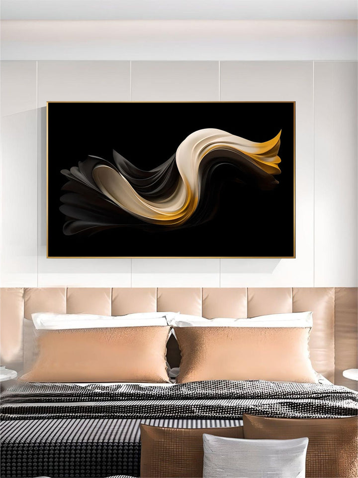 Modern Flowing Geometry Black Golden Abstract Wall Art Fine Art Canvas Prints Pictures For Living Room Dining Room Home Office Decor