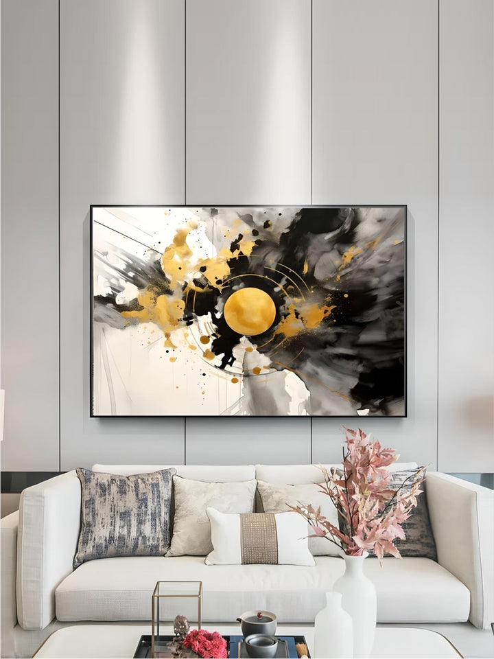 Modern Flowing Geometry Black Golden Abstract Wall Art Fine Art Canvas Prints Pictures For Living Room Dining Room Home Office Decor