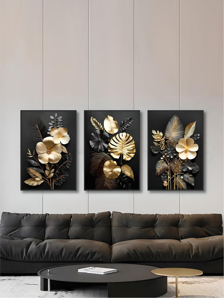 Black Golden Tropical Leaves Wall Art Fine Art Canvas Prints Modern Botanical Pictures For Luxury Living Room Dining Room Home Office Decor