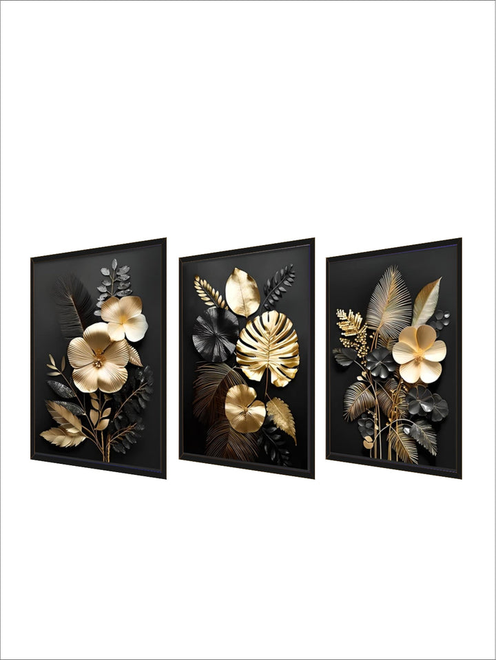 Black Golden Tropical Leaves Wall Art Fine Art Canvas Prints Modern Botanical Pictures For Luxury Living Room Dining Room Home Office Decor