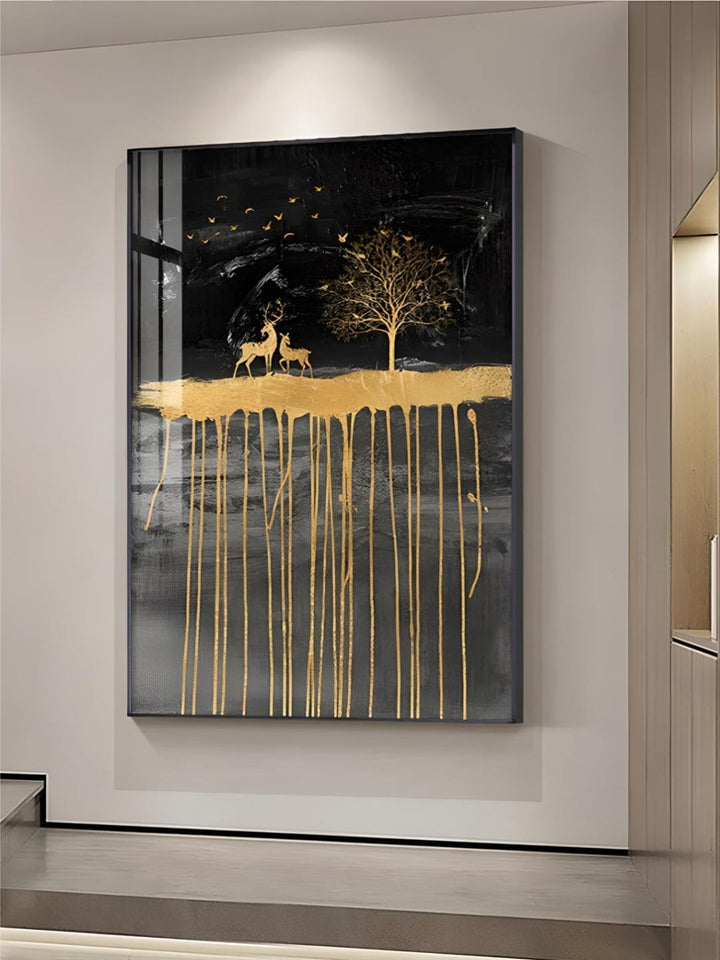 Black Golden Deer Auspicious Landscape Wall Art Fine Art Canvas Prints nordic Abstract Pictures For Luxury Living Room Home Office Decor