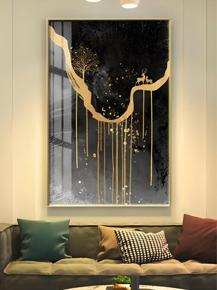 Black Golden Deer Auspicious Landscape Wall Art Fine Art Canvas Prints nordic Abstract Pictures For Luxury Living Room Home Office Decor