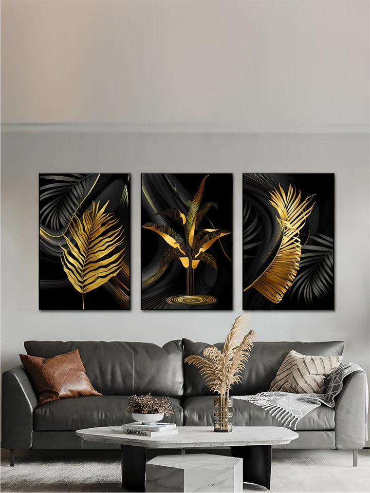 Exotic Tropical Botanical Black Golden Leaves Wall Art Fine Art Canvas Prints Pictures For Luxury Living Room Home Decor